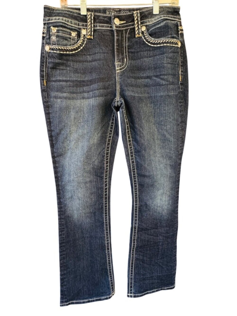 Miss Me Womens Curvy Bootcut Jeans Size 29 Blue Denim Mid Rise Pocket Accents